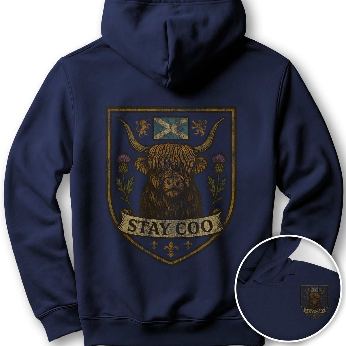 Highland Cow "Scottish Heraldry" Front/Back Print Hoodie - Navy