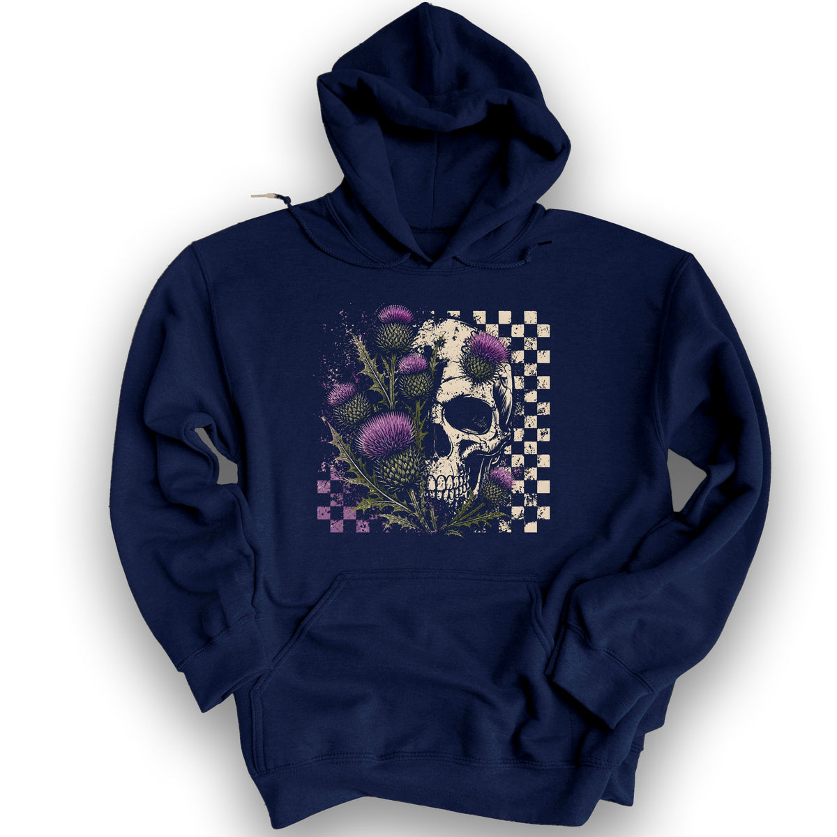 Thistle Skull Check Hoodie - Navy