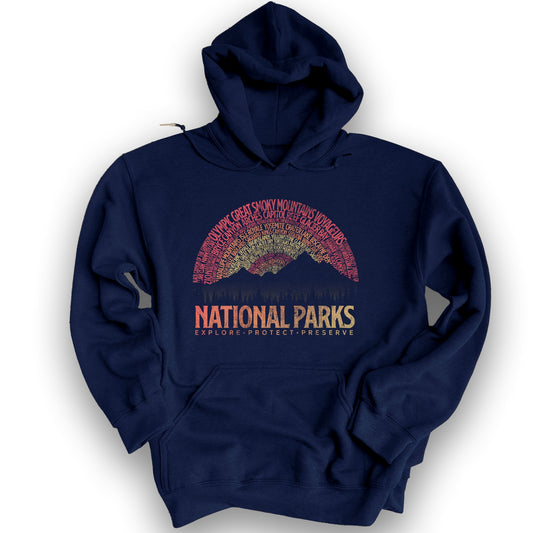 National Parks Word Art "Vintage Sunset" Hoodie - Navy