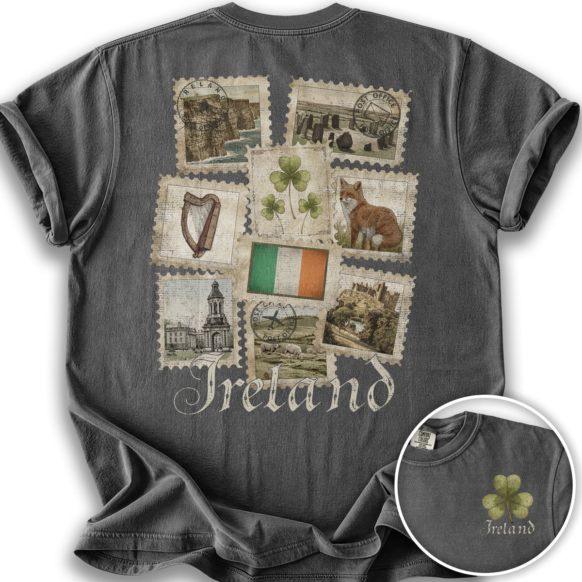 Ireland Vintage Stamps Front/Back Print T-Shirt - Pepper