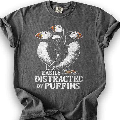 Easily Distracted By Puffins T-Shirt - Pepper