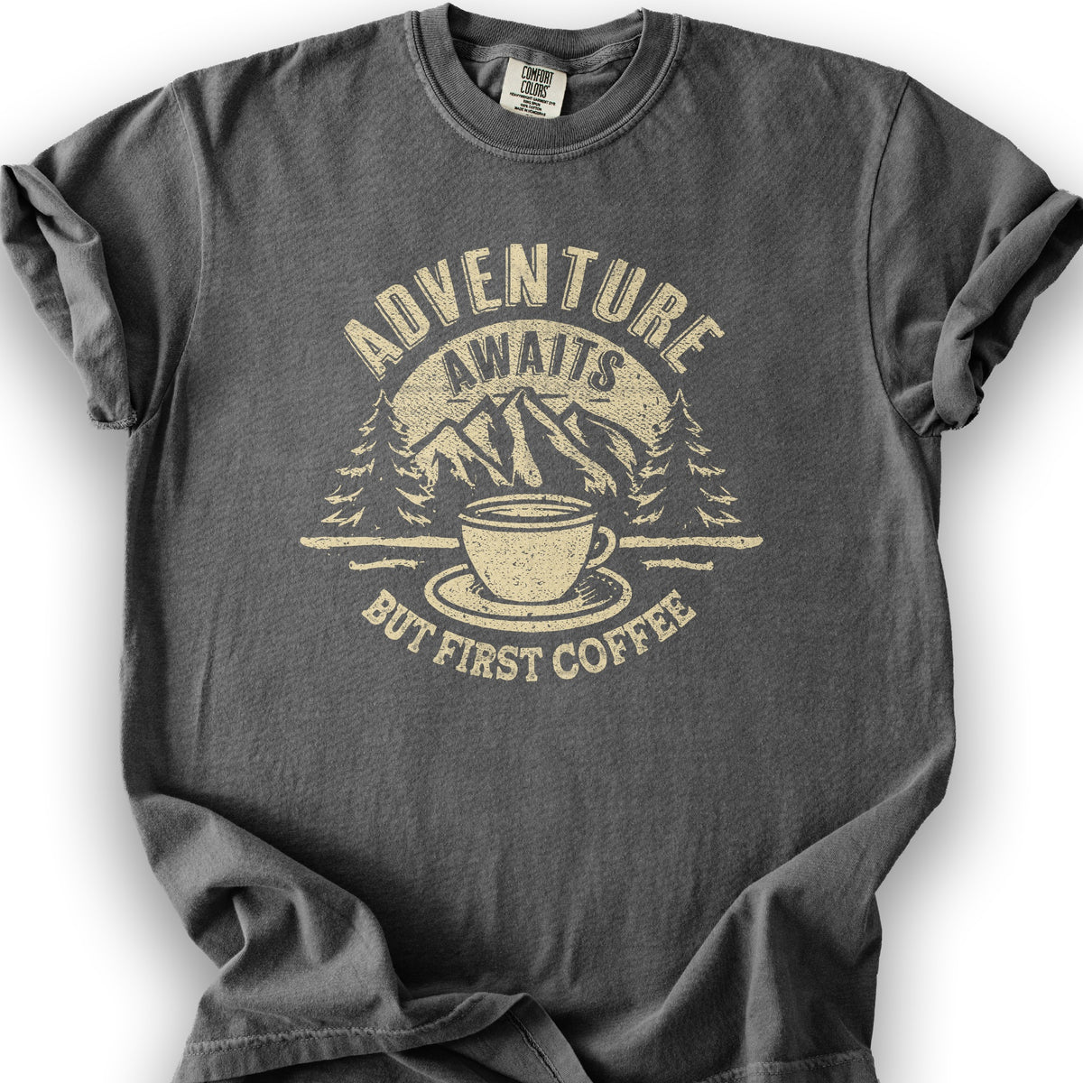 "Adventure Awaits But First Coffee" T-Shirt - Pepper