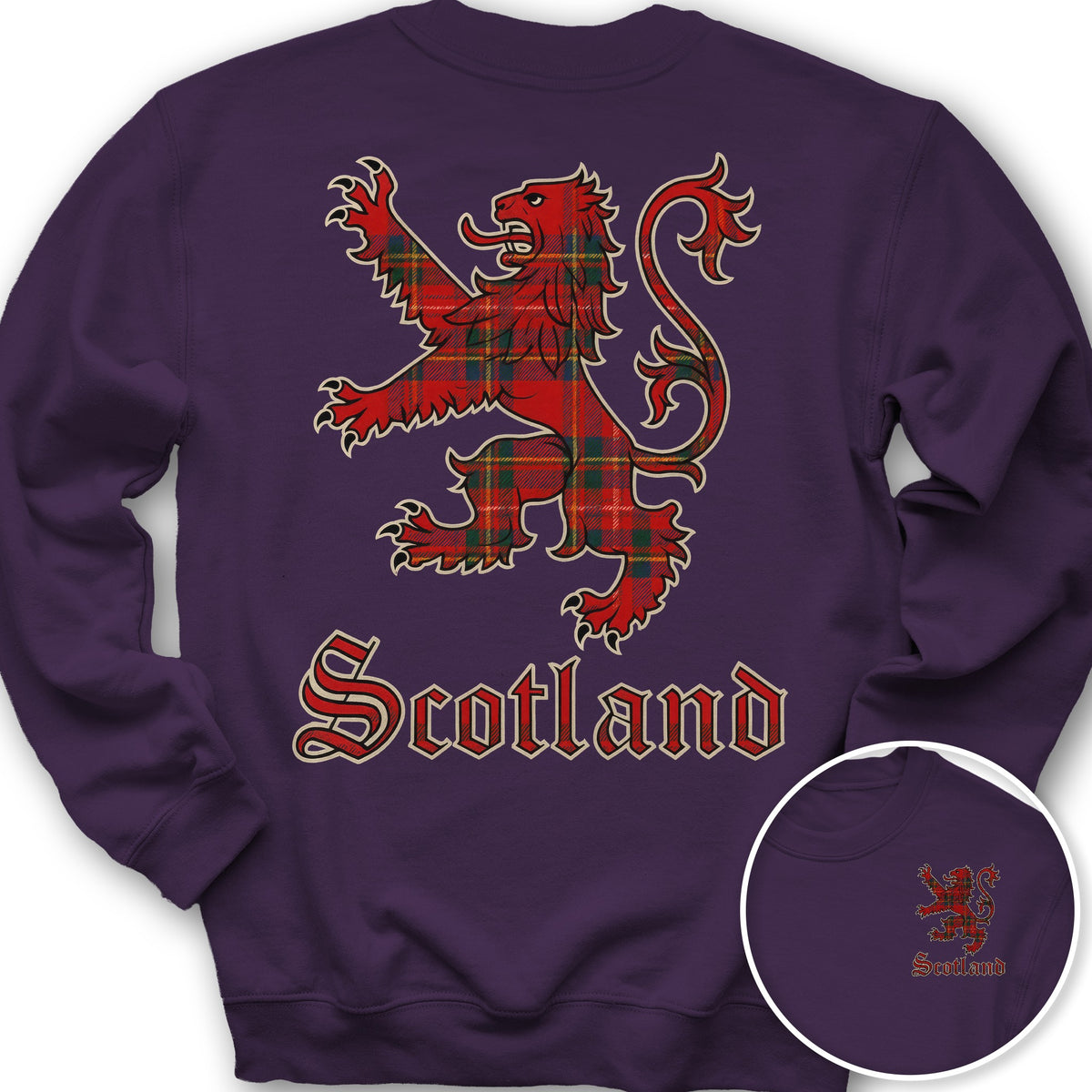 Scotland Tartan Lion Front/Back Print Sweatshirt - Purple