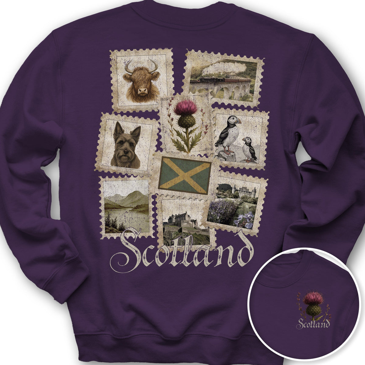 Scotland Vintage Stamps Front/Back Print Sweatshirt - Purple