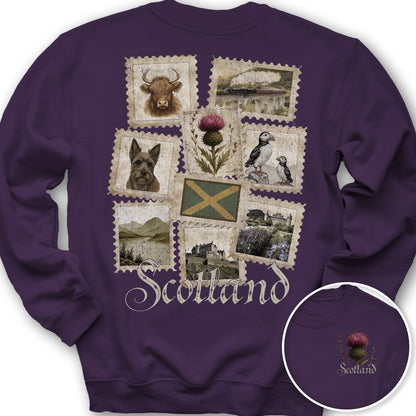 Scotland Vintage Stamps Front/Back Print Sweatshirt - Purple