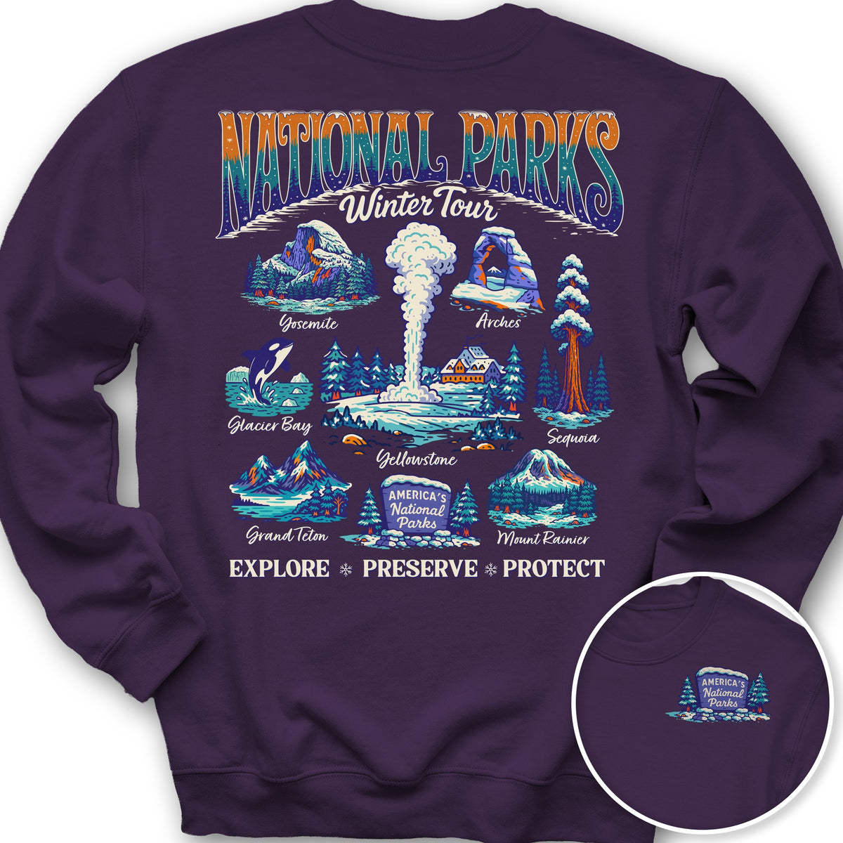 National Parks Winter Tour Front/Back Print Sweatshirt - Purple
