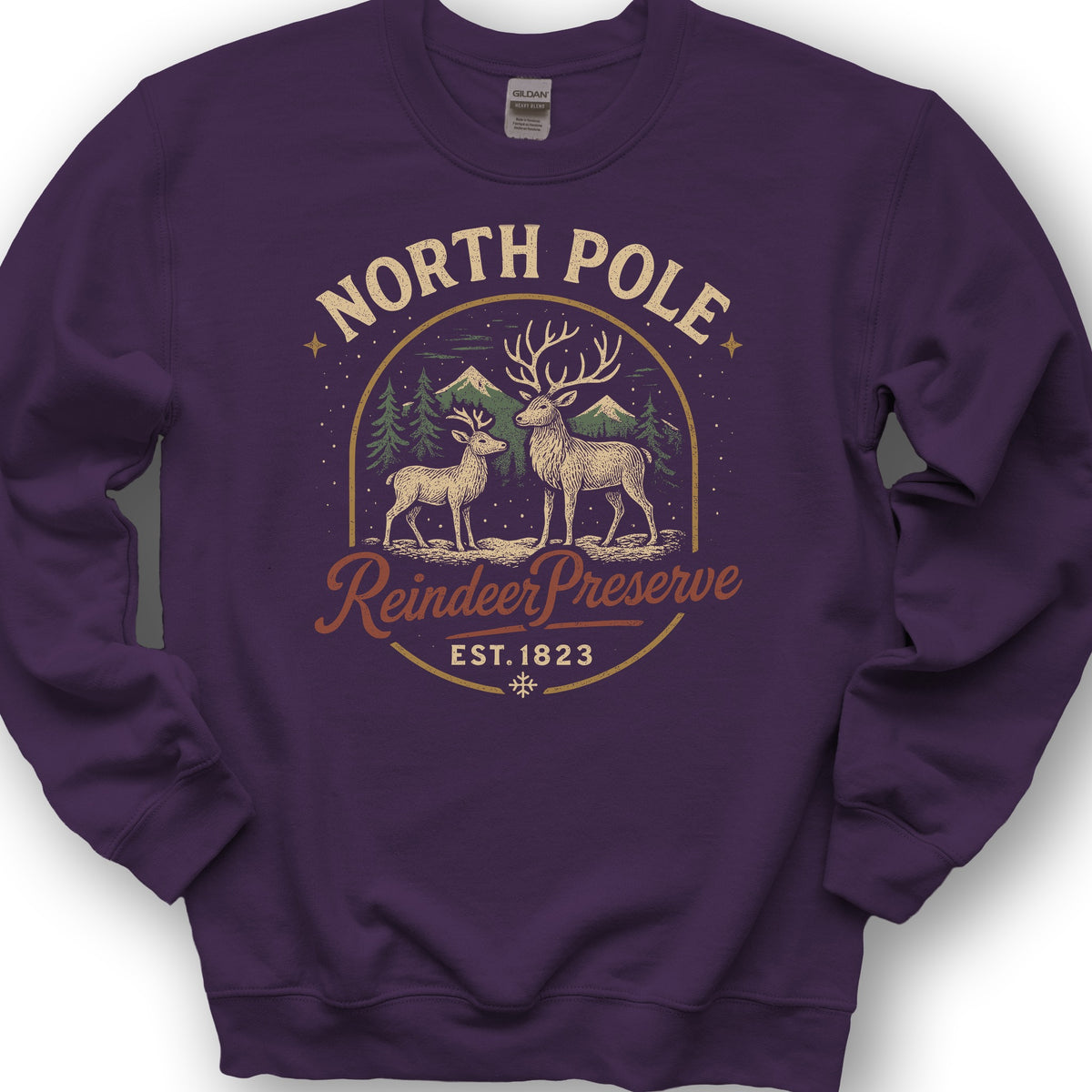 North Pole Reindeer Preserve Vintage Print Sweatshirt - Purple