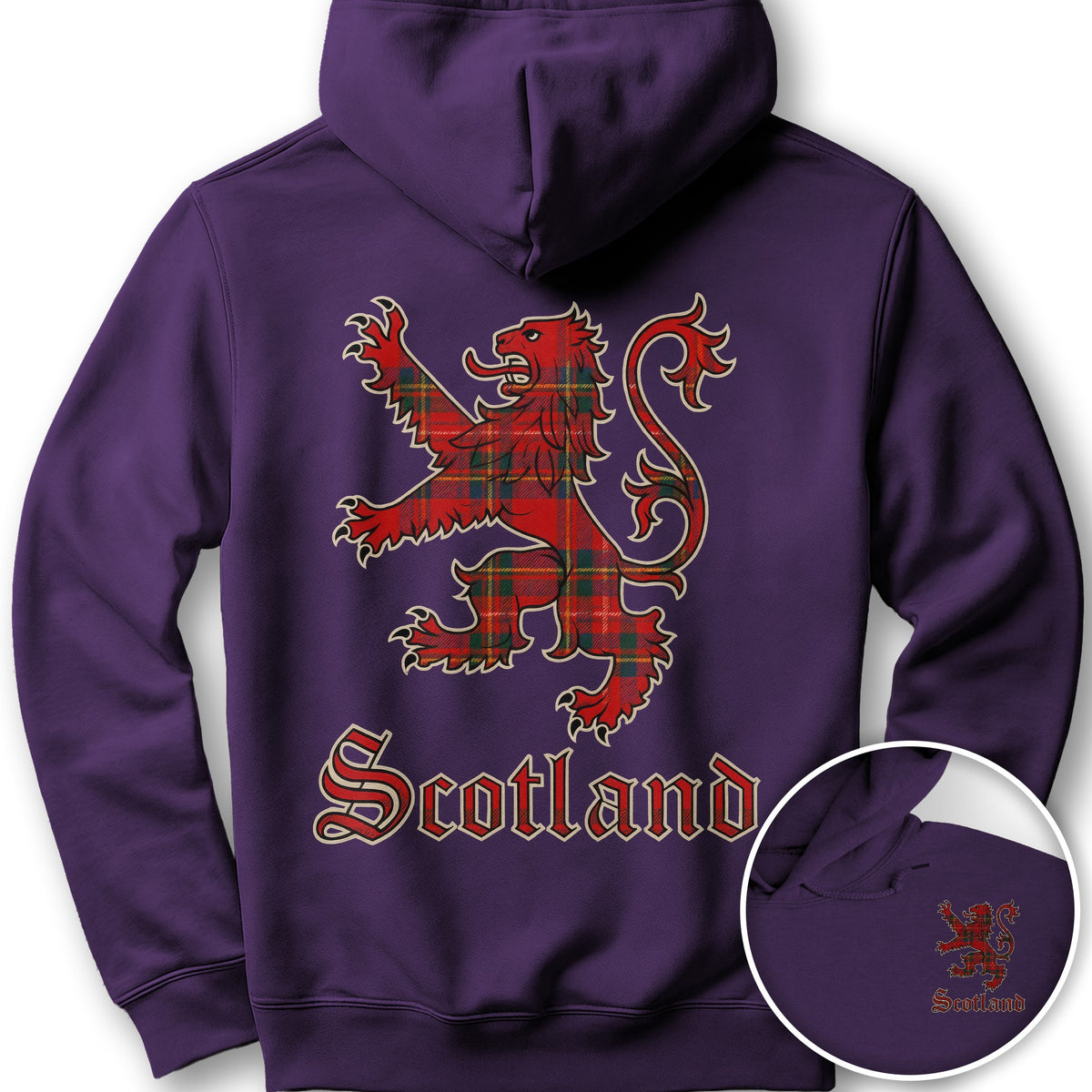 Scotland Tartan Lion Front/Back Print Hoodie - Purple