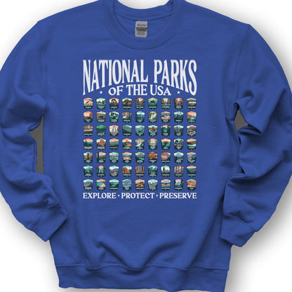 National Parks of the USA 63 Badges "Big and Bold" Sweatshirt - Royal