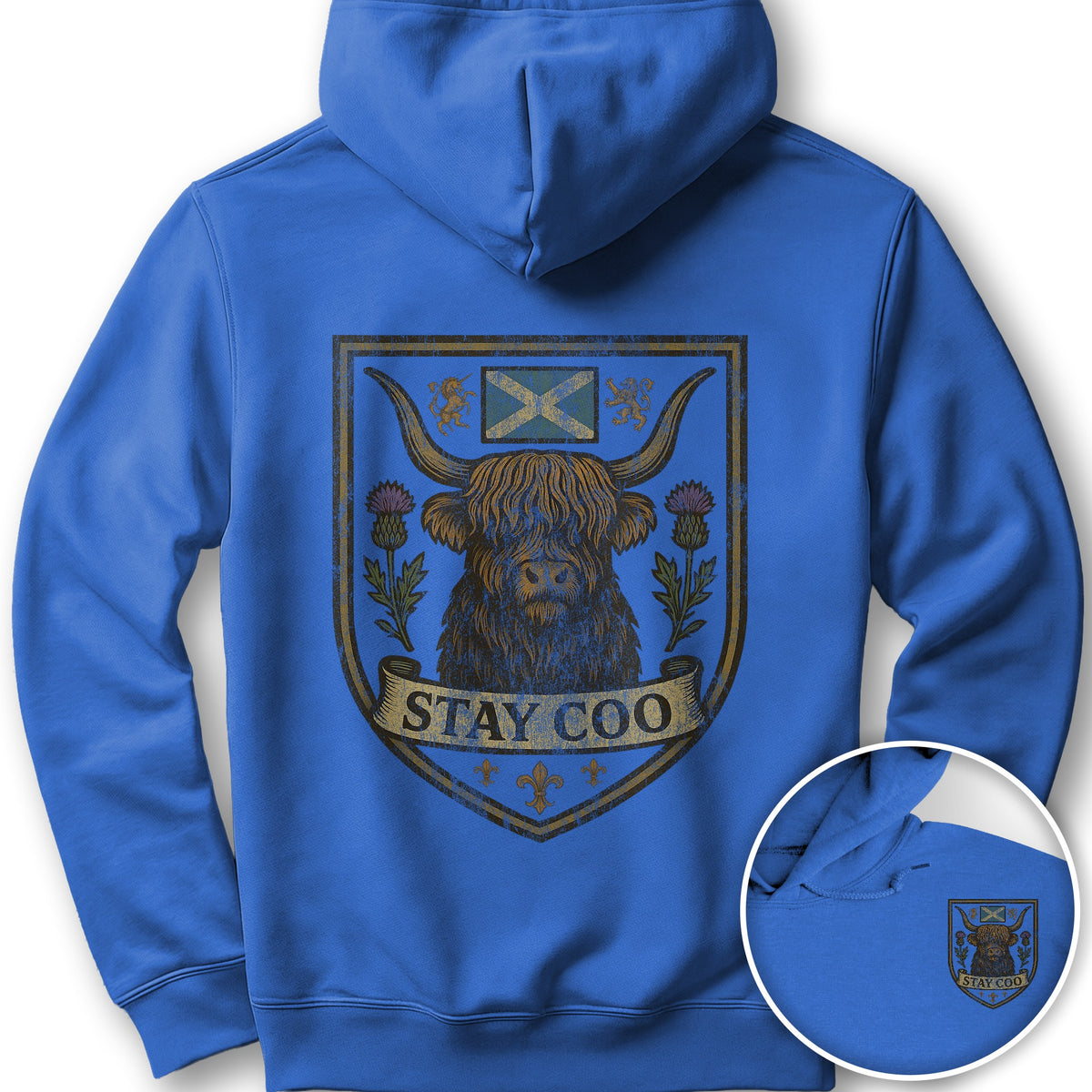 Highland Cow "Scottish Heraldry" Front/Back Print Hoodie - Royal