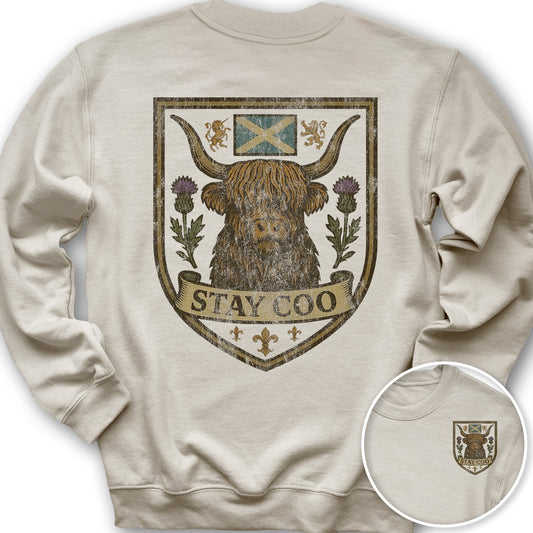Highland Cow "Scottish Heraldry" Front/Back Print Sweatshirt - Sand
