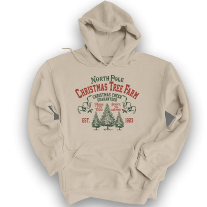 North Pole Christmas Tree Farm Vintage Print Hoodie - Sand