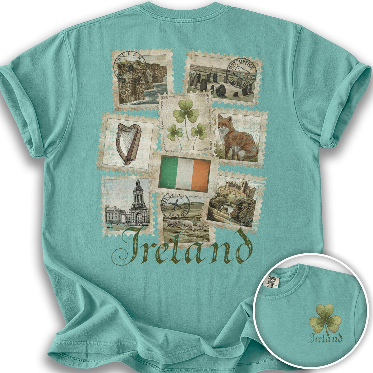 Ireland Vintage Stamps Front/Back Print T-Shirt - Seafoam