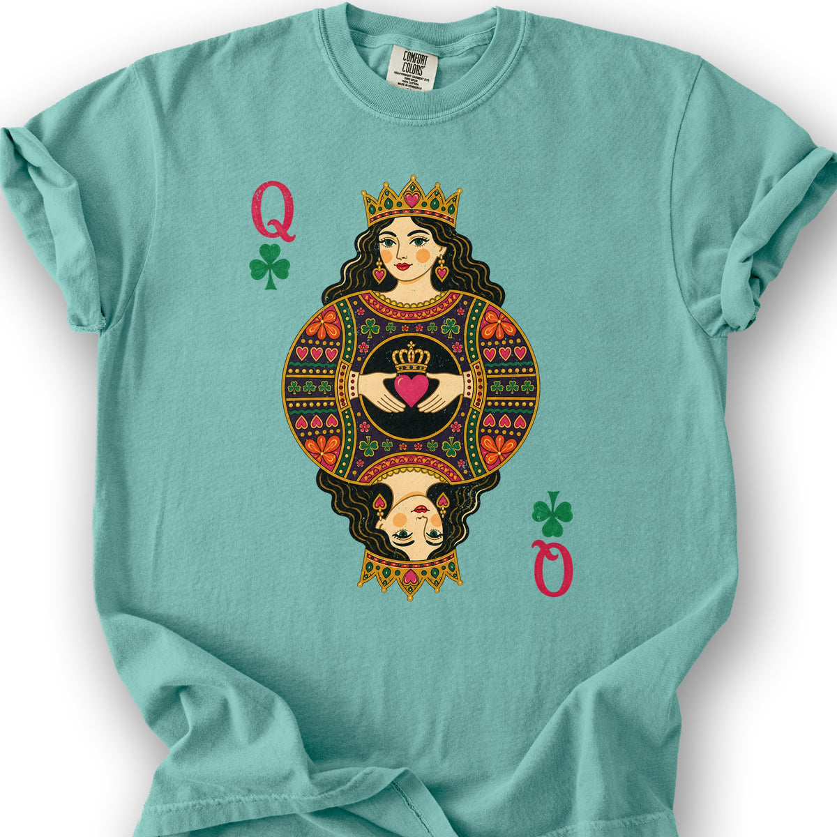Shamrock Queen Playing Card T-Shirt - Seafoam