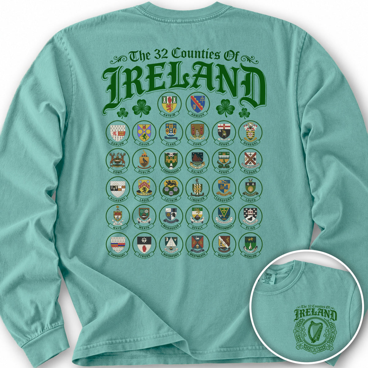 Ireland County Crests Front/Back Print Long Sleeve Shirt - Seafoam