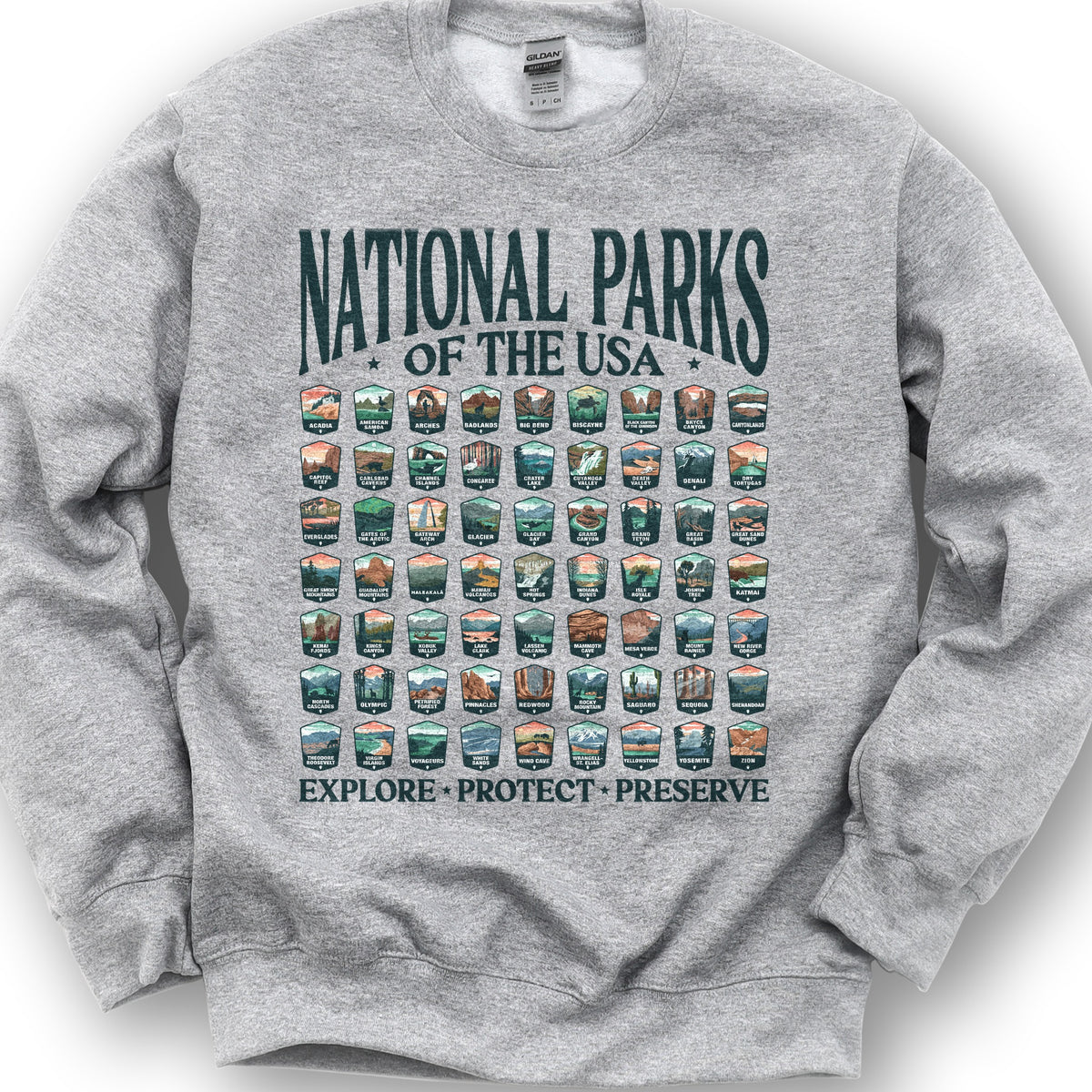 National Parks of the USA 63 Badges "Big and Bold" Sweatshirt - Sport Grey