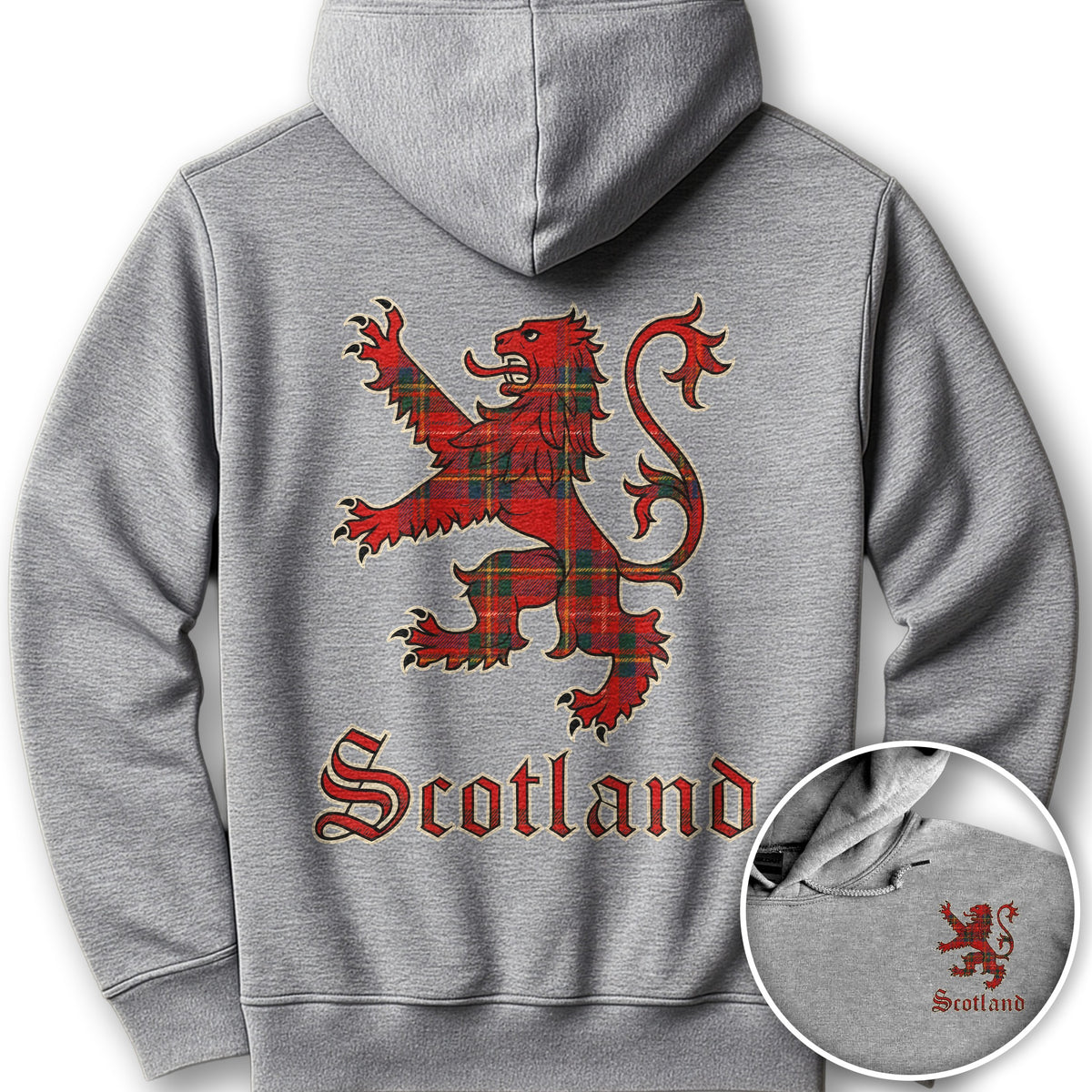 Scotland Tartan Lion Front/Back Print Hoodie - Sport Grey