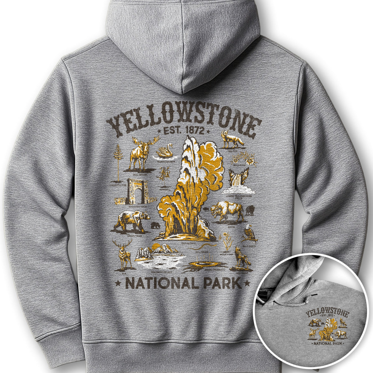 Yellowstone National Park Vintage Front/Back Print Hoodie - Sport Grey