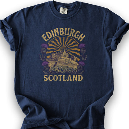Edinburgh Scotland Retro Sunburst T-Shirt - True Navy
