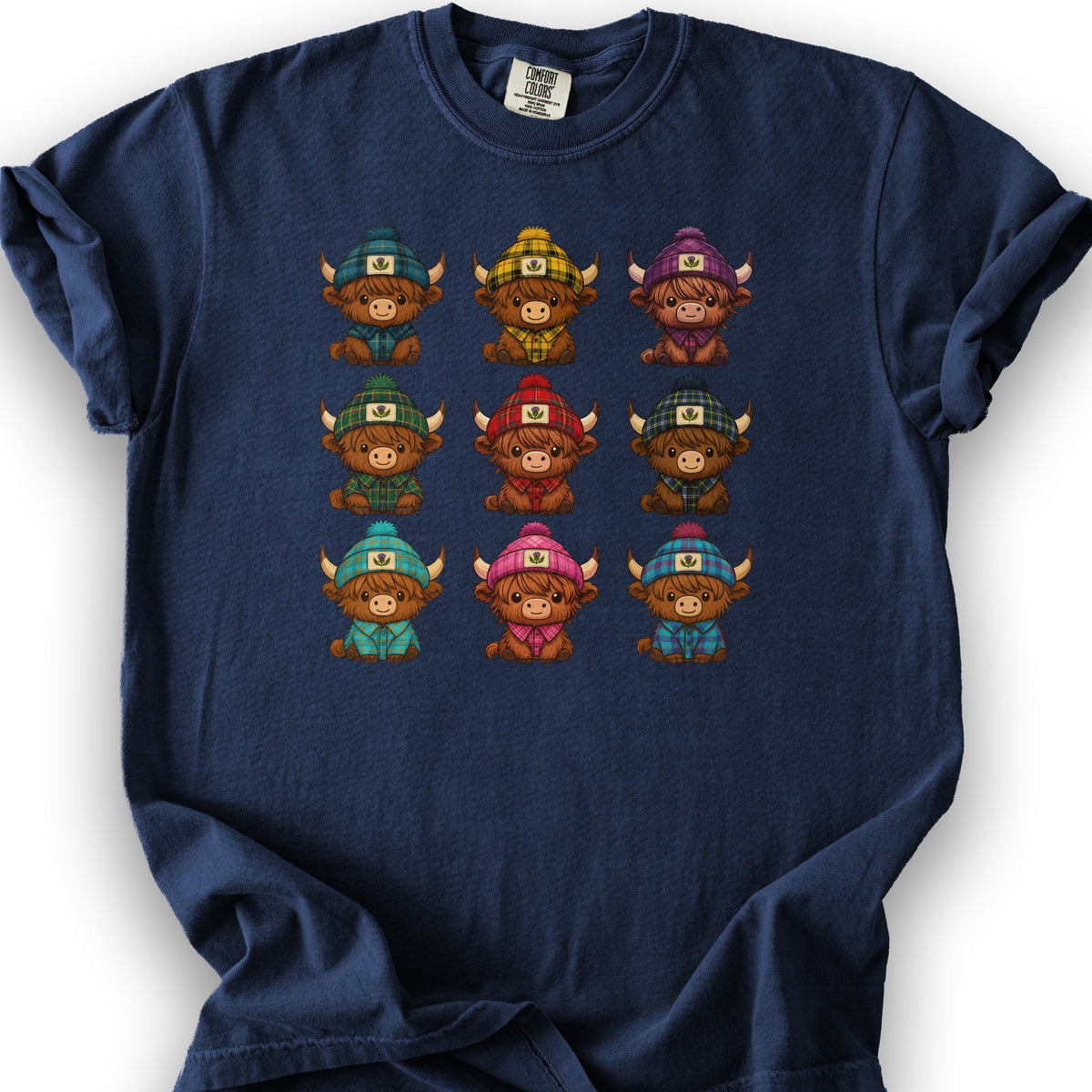 Tartan Highland Cows T-Shirt - True Navy