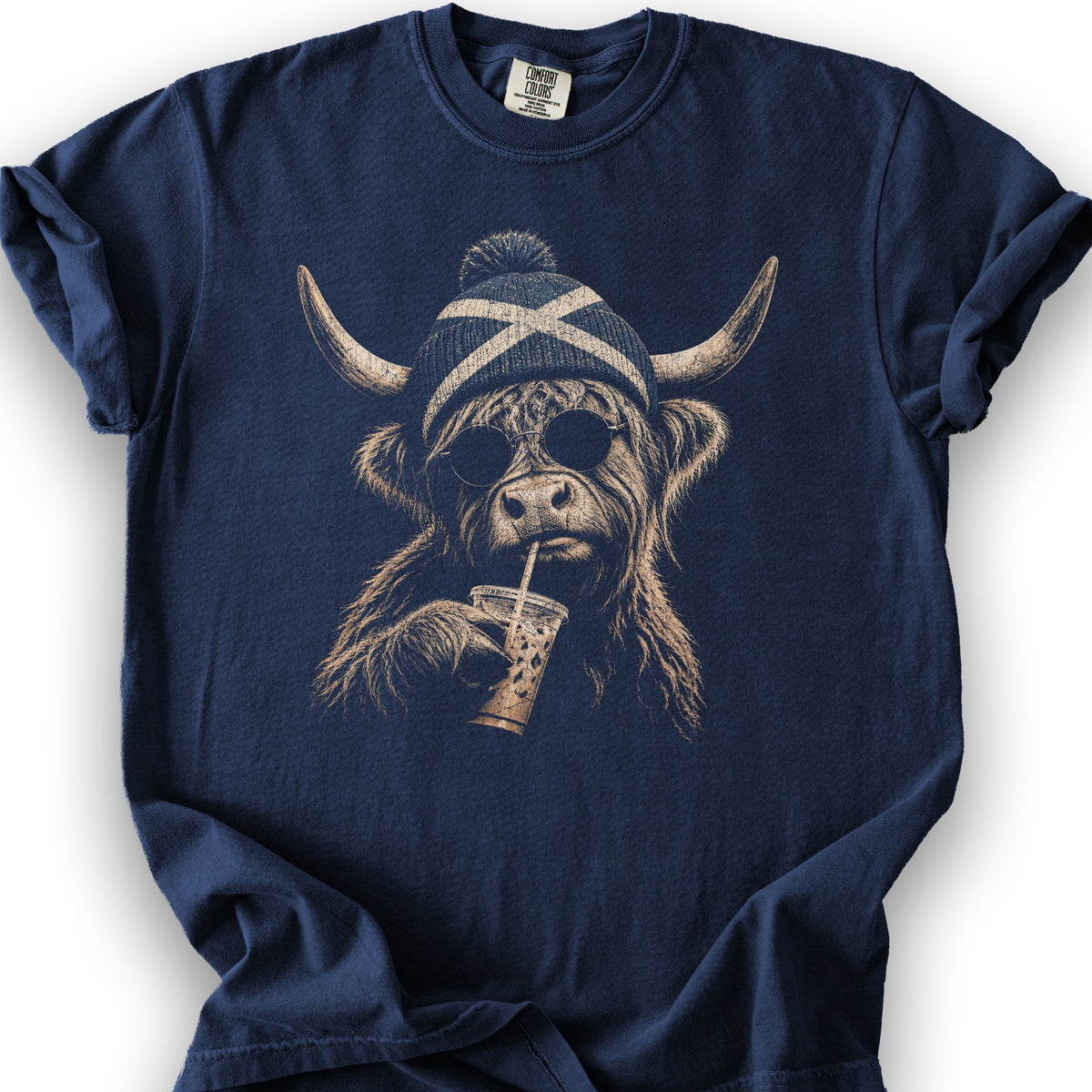 Highland Cow Beanie T-Shirt - True Navy