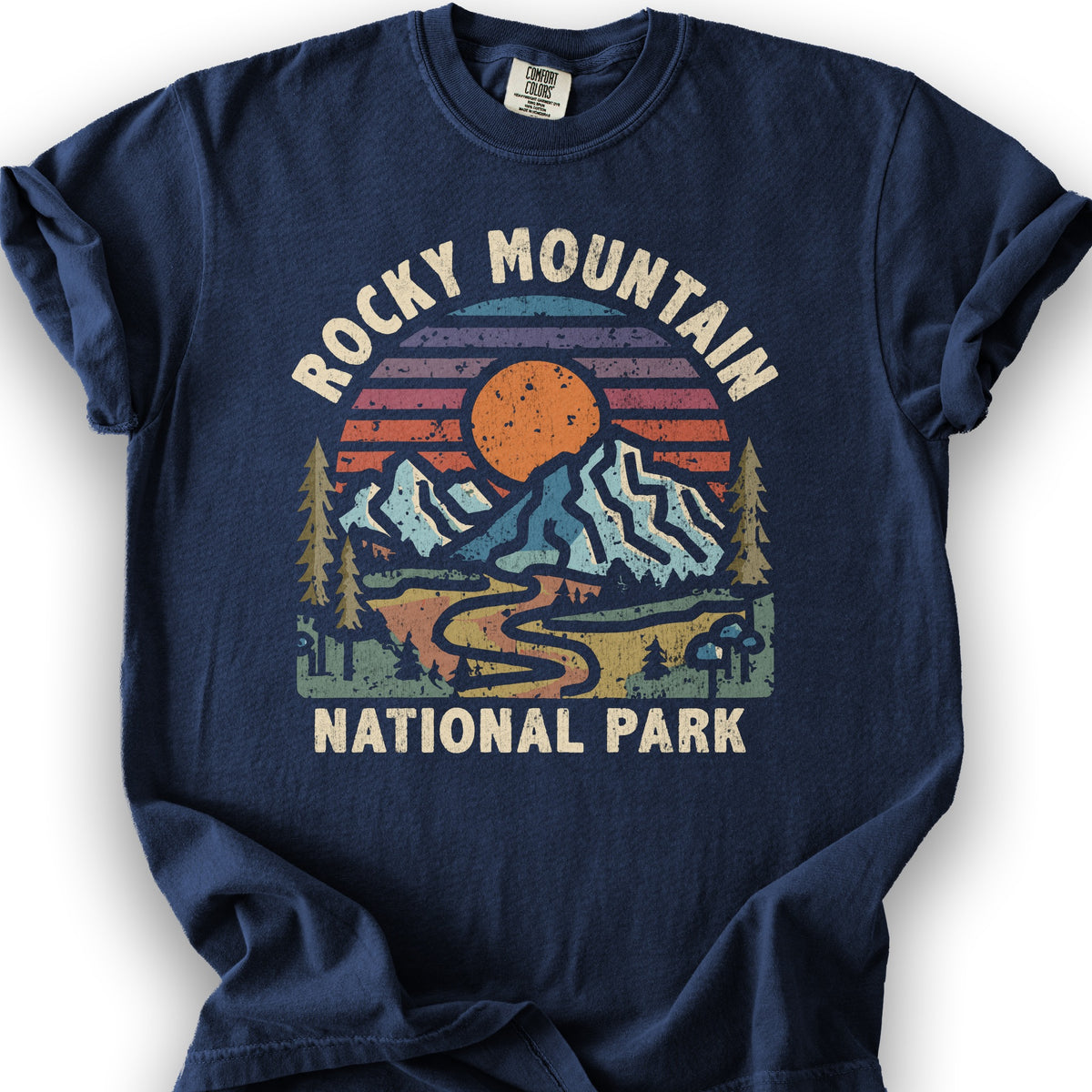 Rocky Mountain National Park "Retro Sunset" T-Shirt - True Navy
