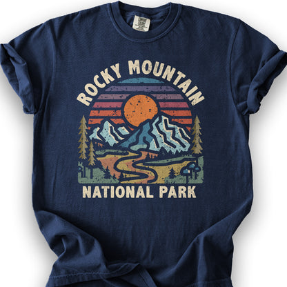 Rocky Mountain National Park "Retro Sunset" T-Shirt - True Navy