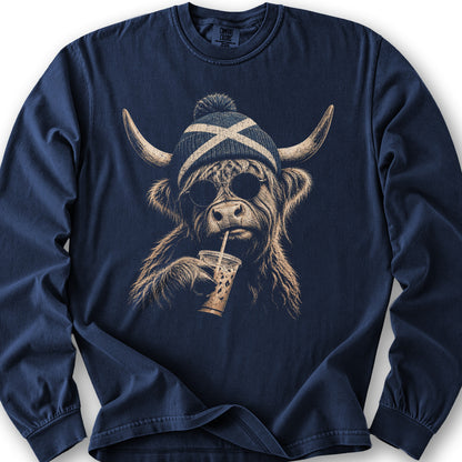 Highland Cow Beanie Long Sleeve Shirt - True Navy