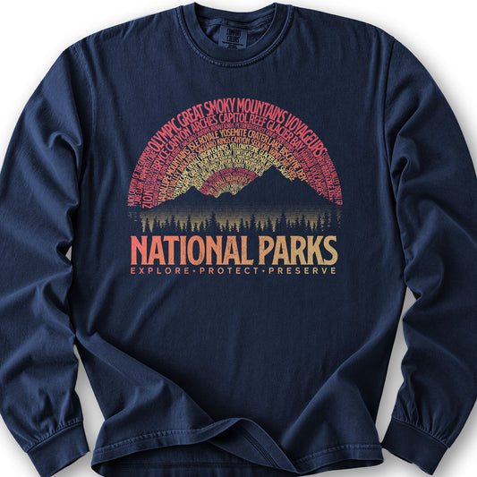 National Parks Word Art "Vintage Sunset" Long Sleeve Shirt - True Navy