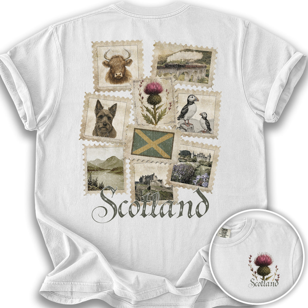Scotland Vintage Stamps Front/Back Print T-shirt - White