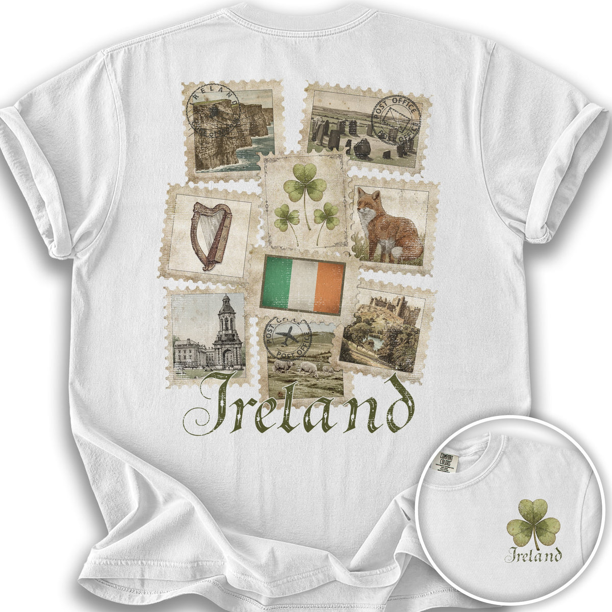 Ireland Vintage Stamps Front/Back Print T-Shirt - White