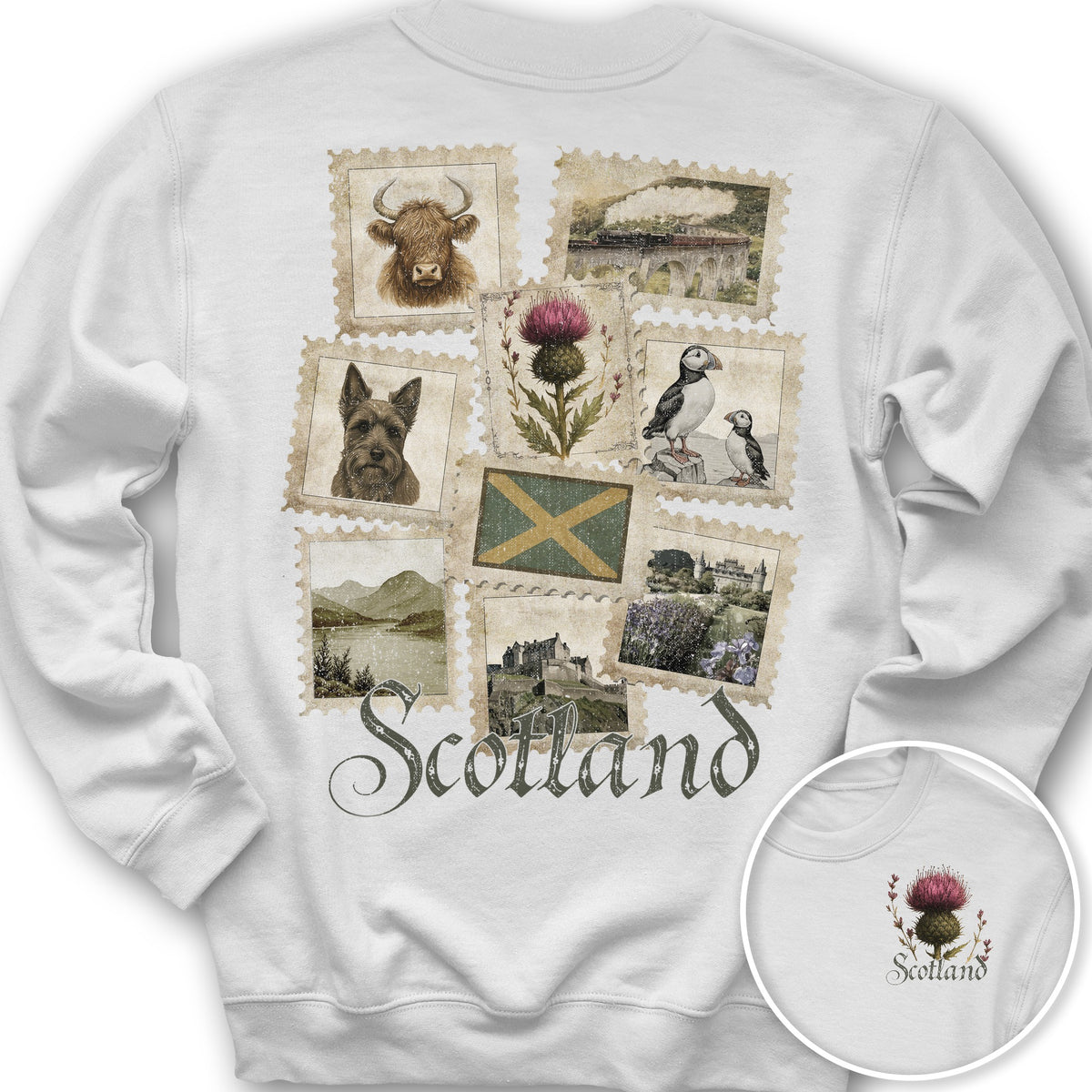 Scotland Vintage Stamps Front/Back Print Sweatshirt - White