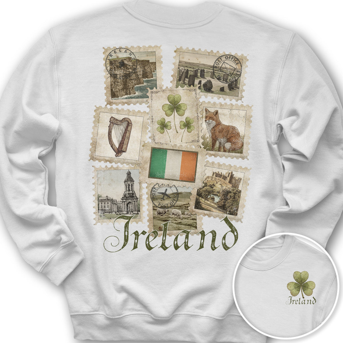 Ireland Vintage Stamps Front/Back Print Sweatshirt - White