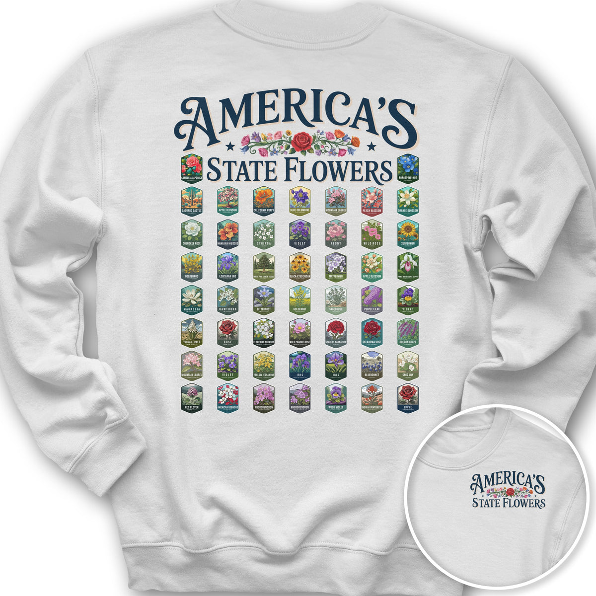 America's State Flowers Front/Back Print Sweatshirt - White