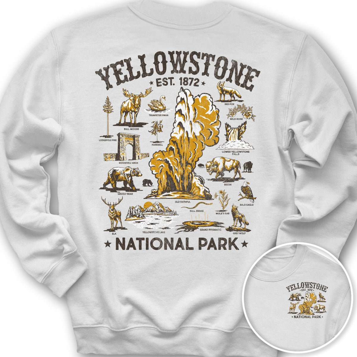 Yellowstone National Park Vintage Front/Back Print Sweatshirt - White