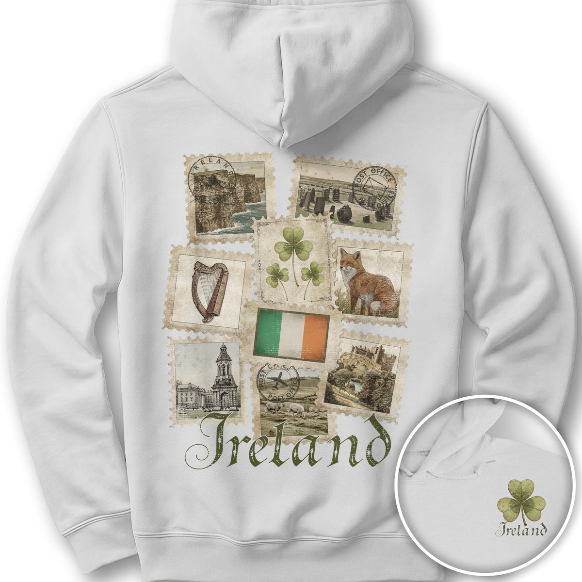 Ireland Vintage Stamps Front/Back Print Hoodie - White