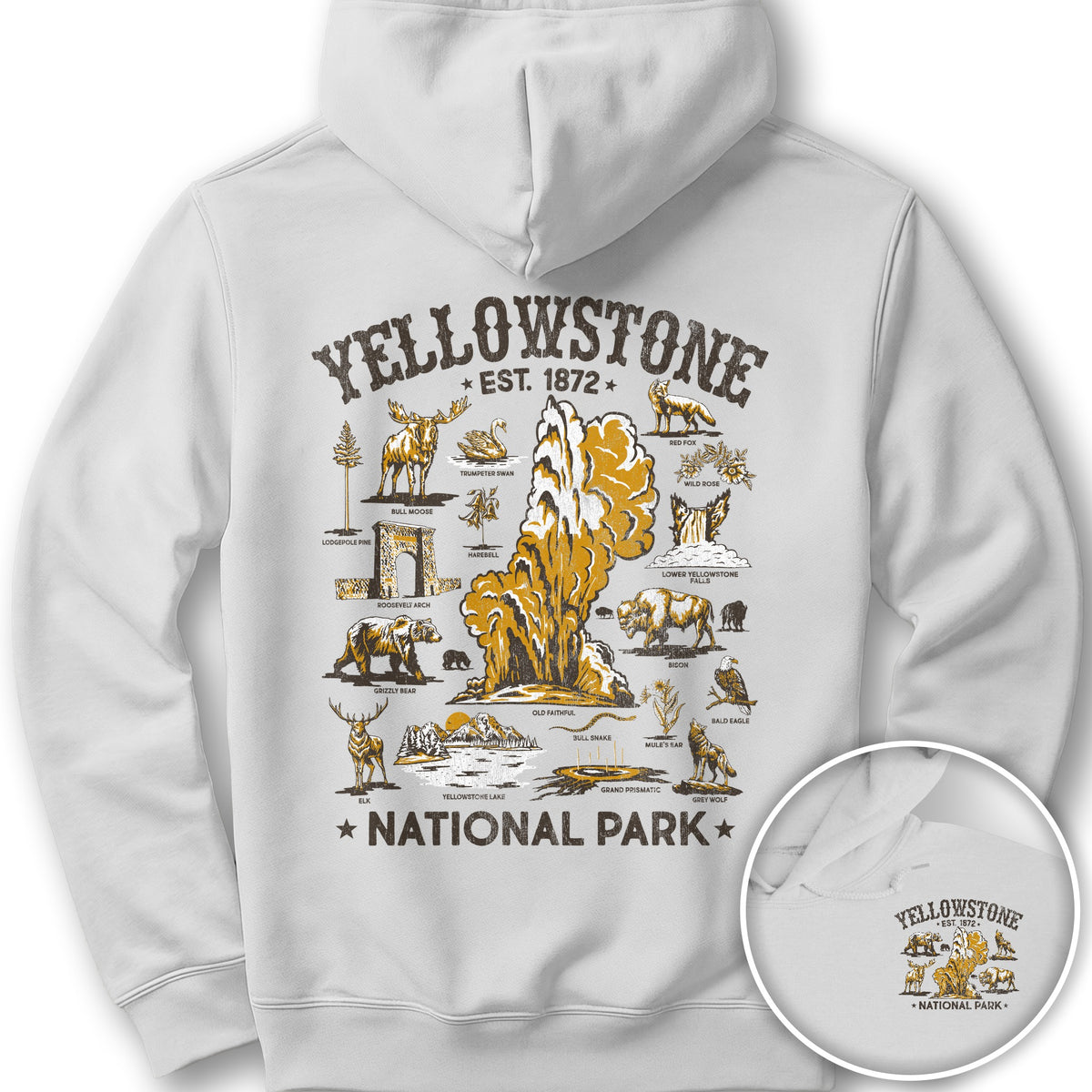 Yellowstone National Park Vintage Front/Back Print Hoodie - White