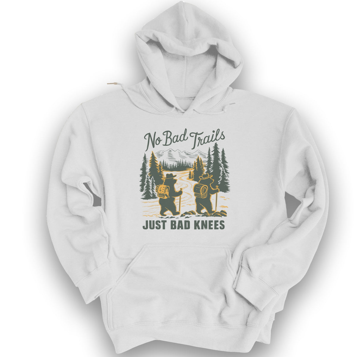 No Bad Trails Just Bad Knees Funny Hiking Hoodie - White