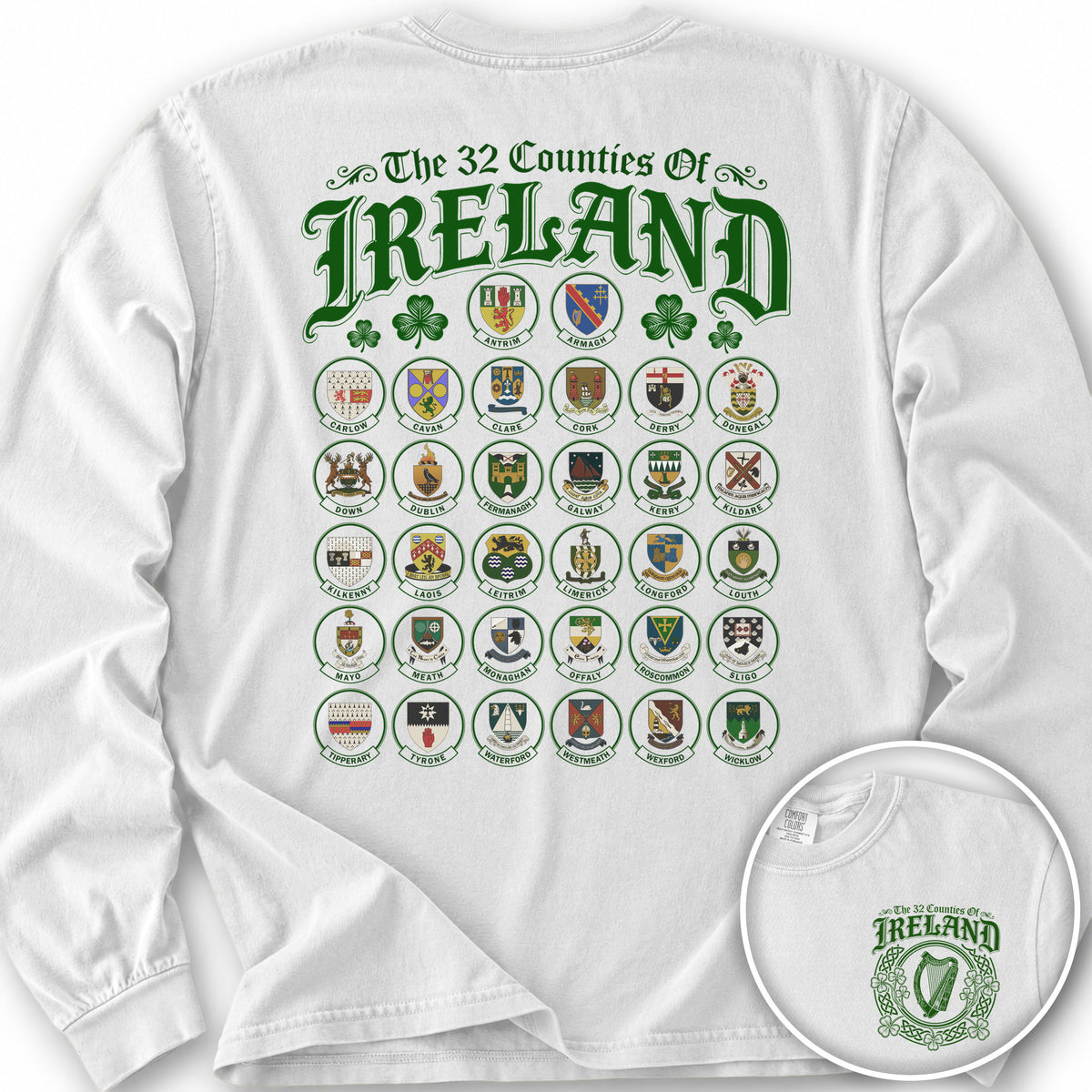Ireland County Crests Front/Back Print Long Sleeve Shirt - White