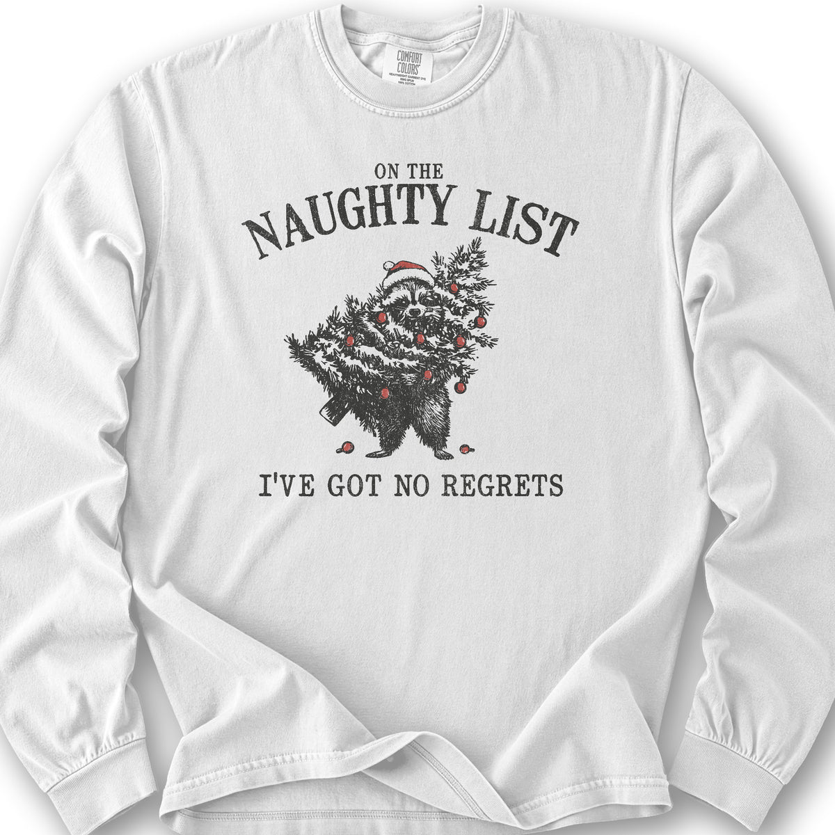 Naughty List Racoon Xmas Long Sleeve Shirt - White