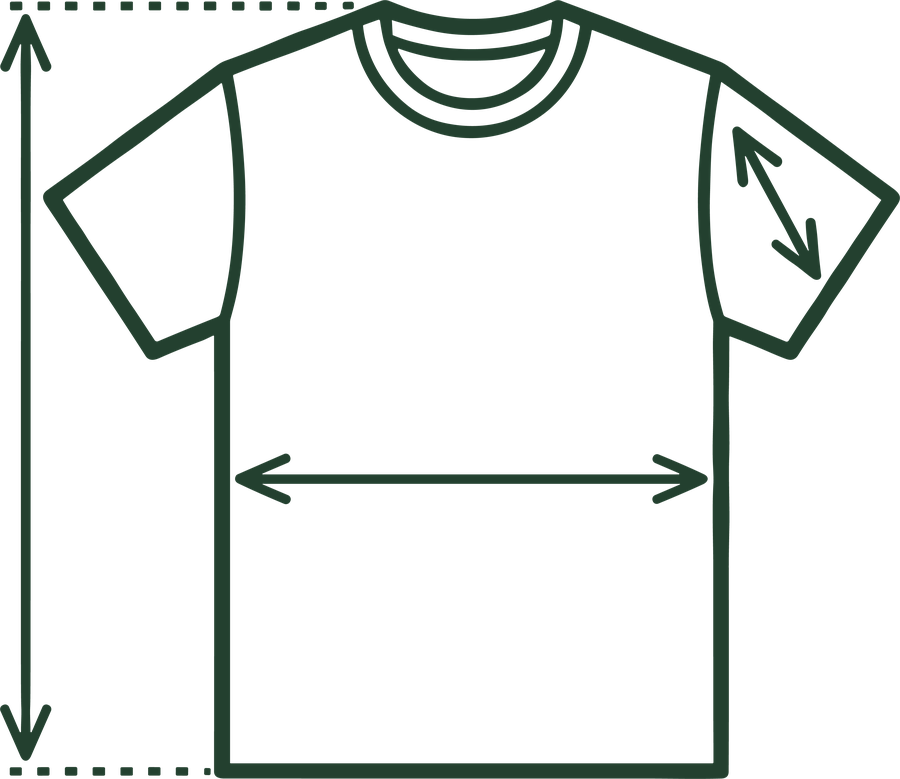 Tee laid flat with body length, width and sleeve length marked