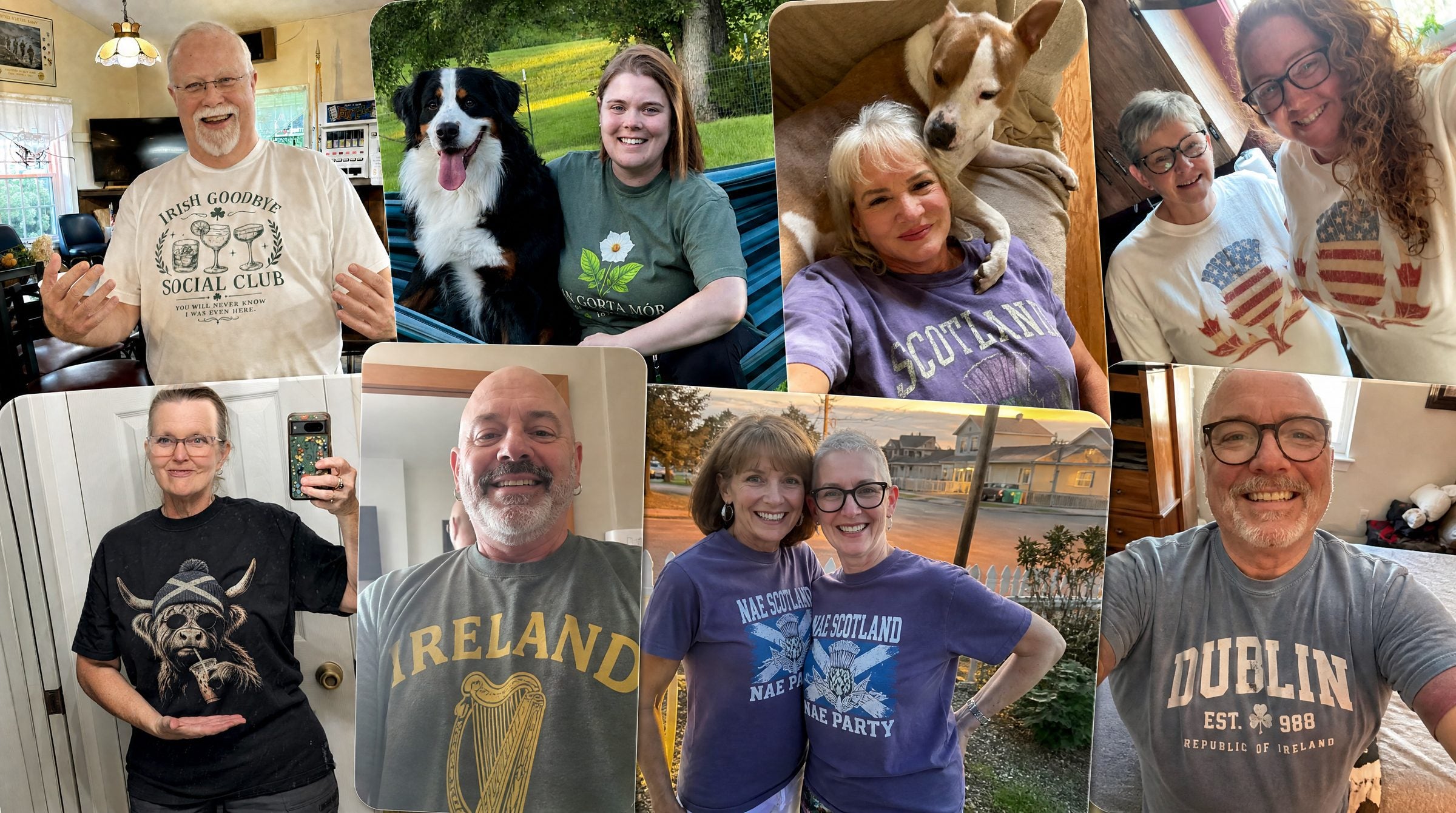 Isle & Glen customers wearing their Irish and Scottish tees